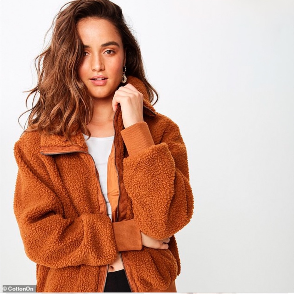 Cotton On Rust Colored Batwing Sleeve Teddy Jacket w/ Full Zip & Large Pockets